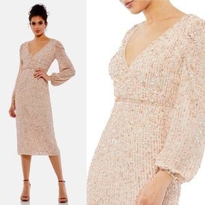Mac Duggal Sequined Illusion Long Puff Sleeve V-Neck Cocktail Dress Color Nude